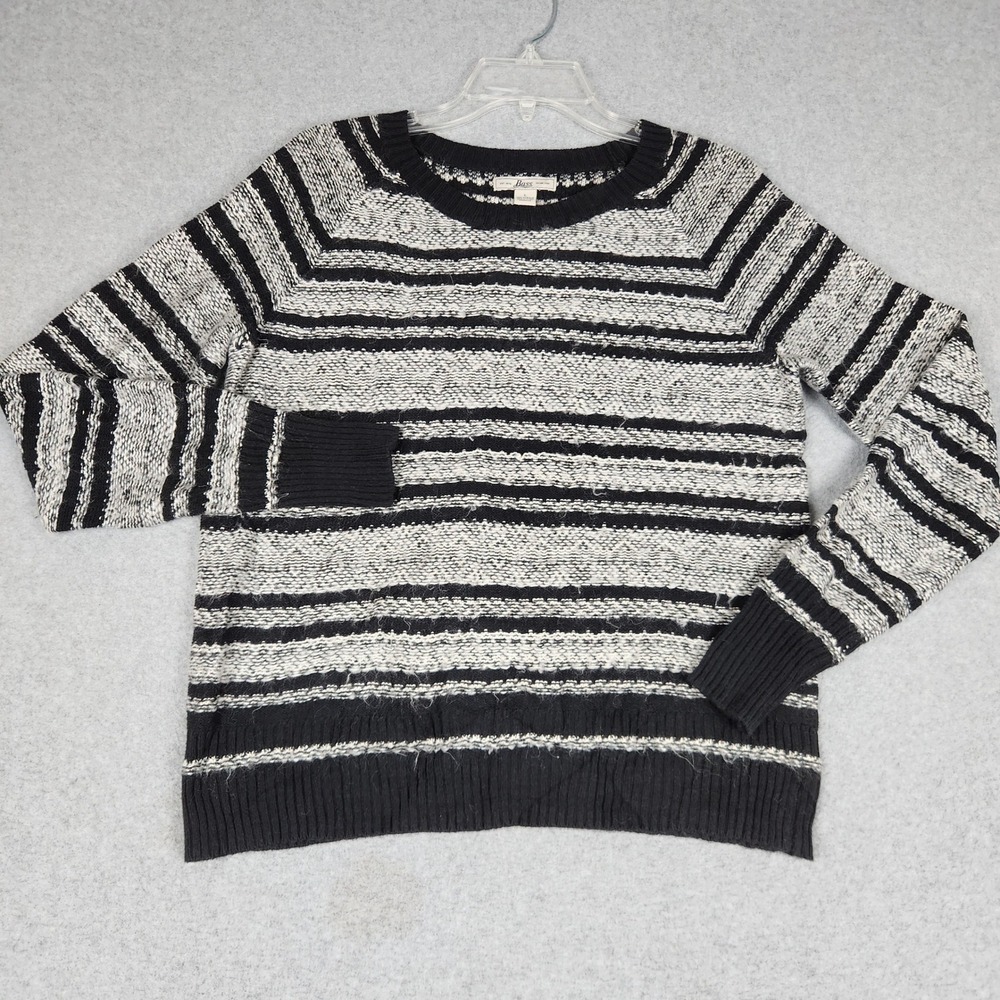 Bass Sweater Women Large Black White Striped Knit Long Sleeve Crew Neck Pullover